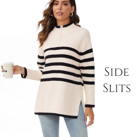 Striped Half Zip Side Slit Relaxed Casual Pullover Sweater - Picture 6 of 17